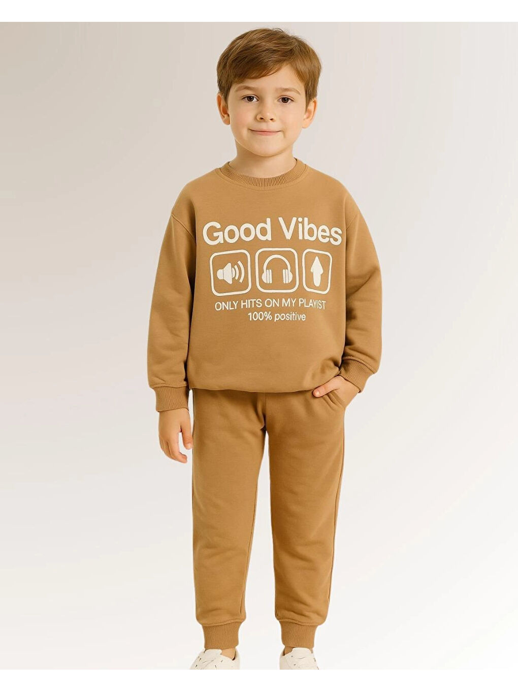 Kahverengi Good Vibes Baskılı Erkek Çocuk Takım 20403