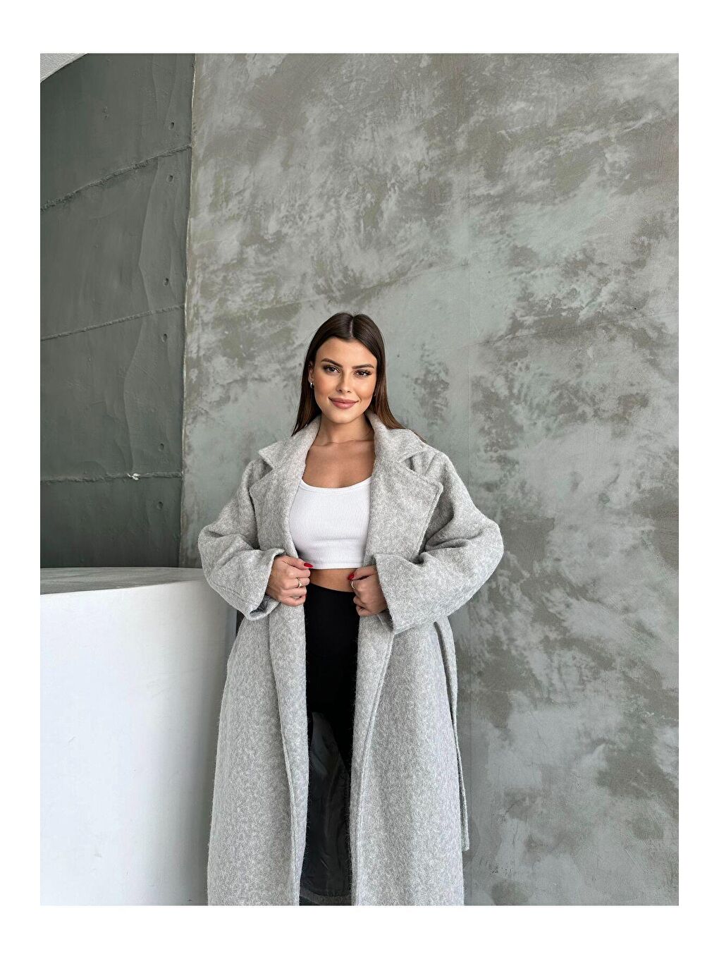 Gri Yün Saçaklı Kaşe Kumaş Kuşaklı Kaban