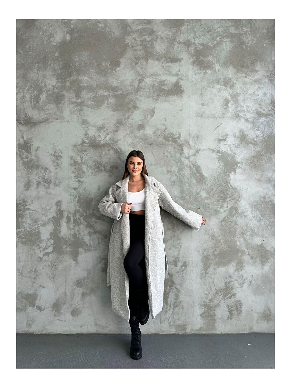 Gri Yün Saçaklı Kaşe Kumaş Kuşaklı Kaban-4