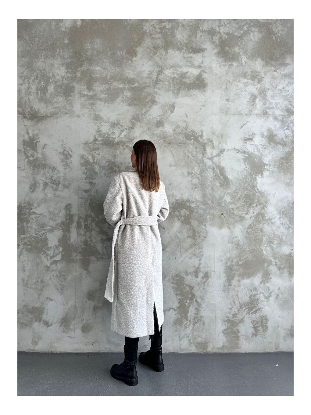 Gri Yün Saçaklı Kaşe Kumaş Kuşaklı Kaban-6