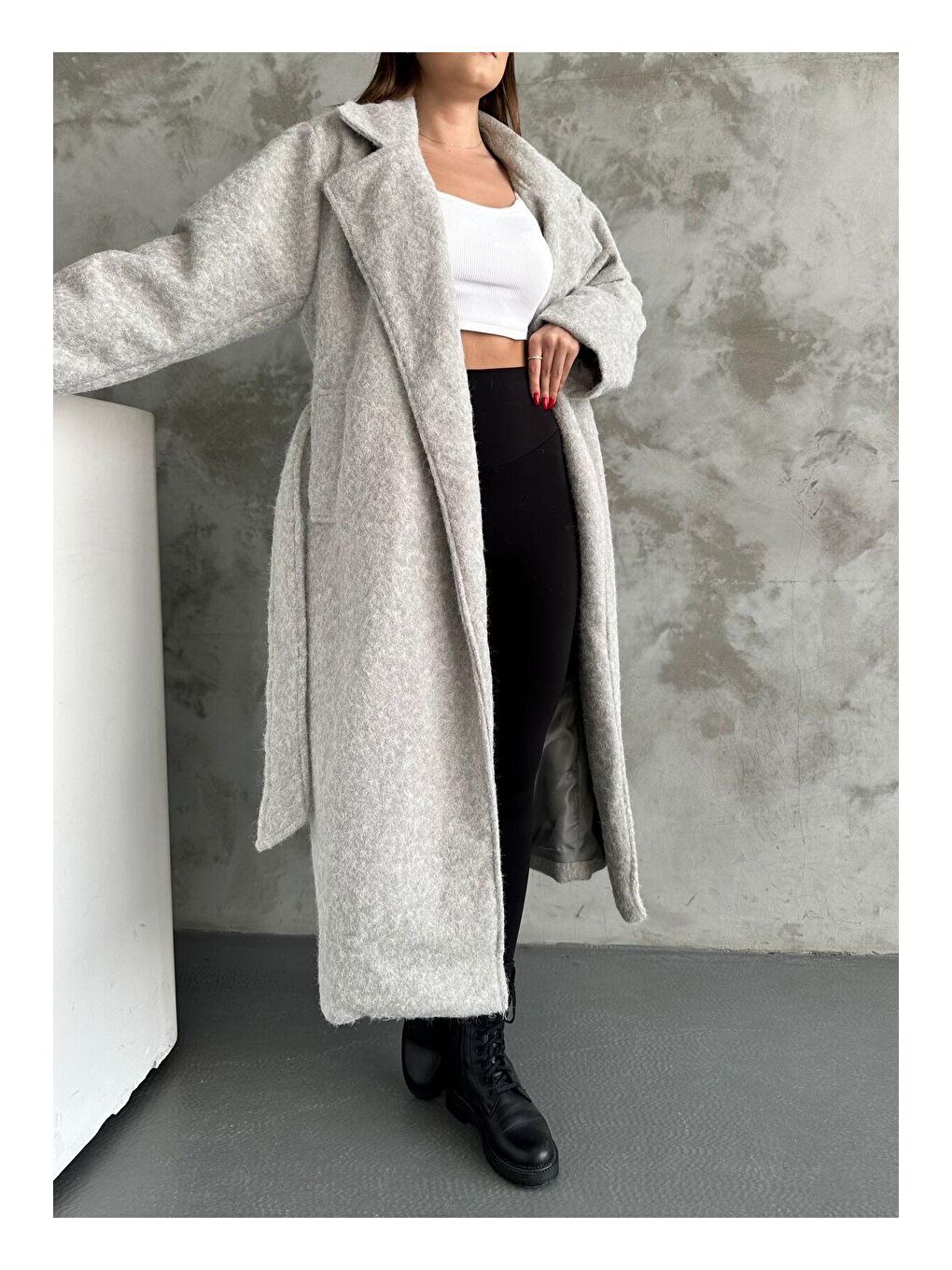 Gri Yün Saçaklı Kaşe Kumaş Kuşaklı Kaban-7