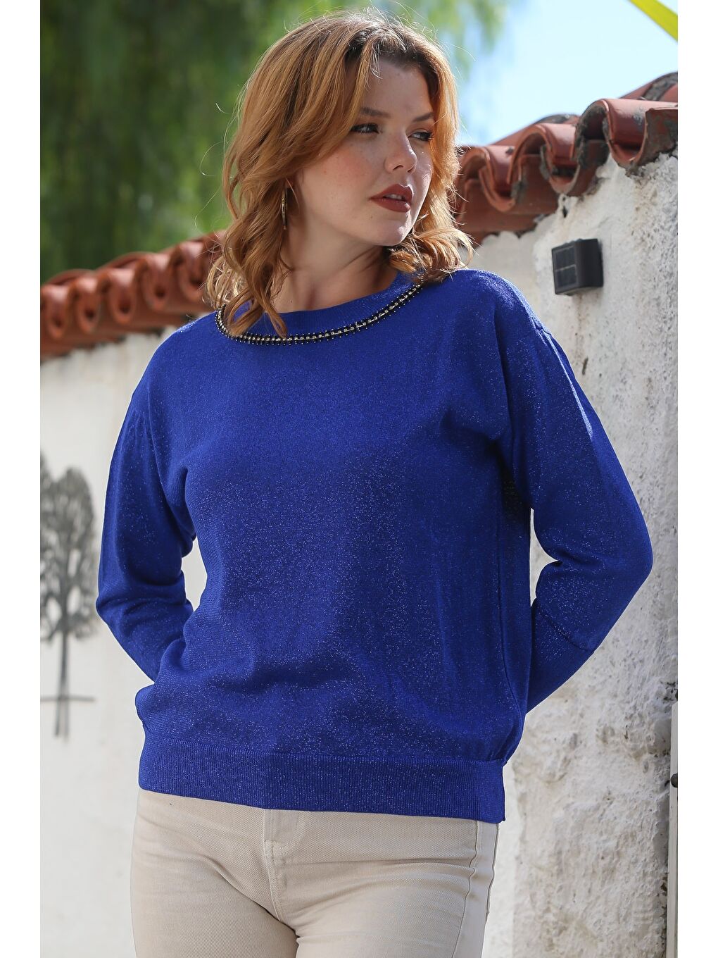 Mavi Yuvarlak Yaka Uzun Kol İnce Taşlı Simli Triko Kazak 65 62-2