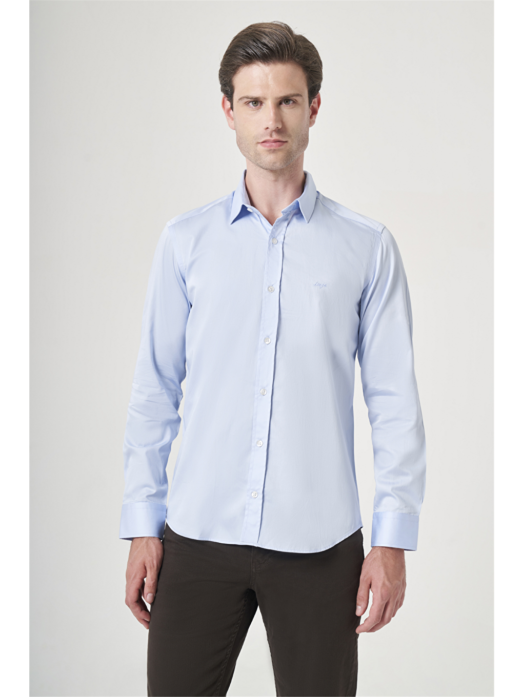 Mavi Sert Yaka Uzun Kol Cepsiz Saten Slim Fit %100 Pamuk Gömlek 1004260424