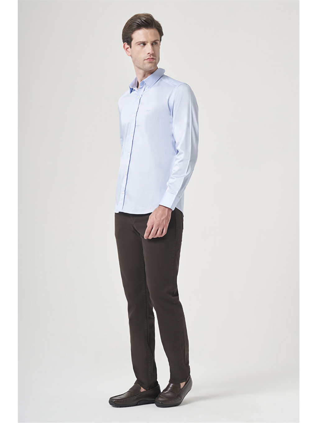 Mavi Sert Yaka Uzun Kol Cepsiz Saten Slim Fit %100 Pamuk Gömlek 1004260424-1
