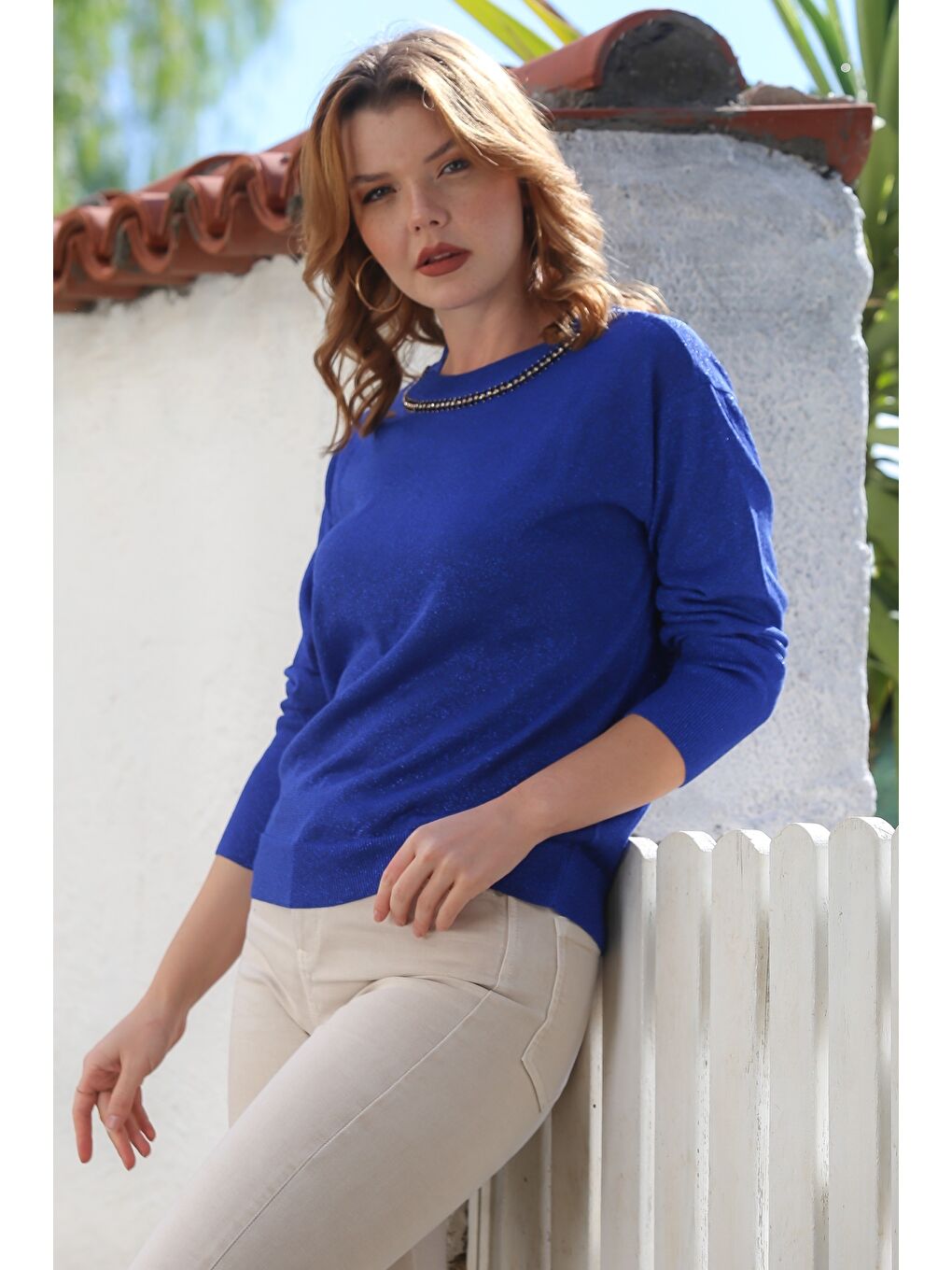 Mavi Yuvarlak Yaka Uzun Kol İnce Taşlı Simli Triko Kazak 65 62-3