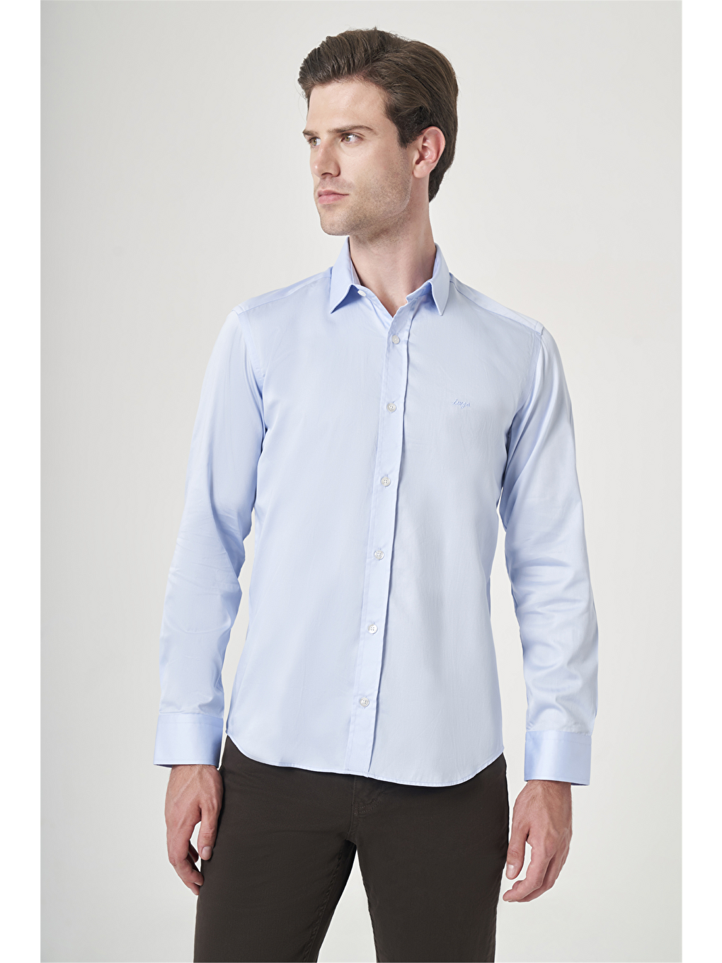 Mavi Sert Yaka Uzun Kol Cepsiz Saten Slim Fit %100 Pamuk Gömlek 1004260424-2