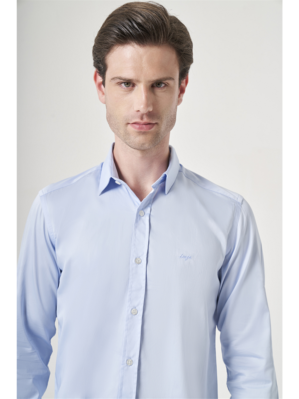 Mavi Sert Yaka Uzun Kol Cepsiz Saten Slim Fit %100 Pamuk Gömlek 1004260424-3