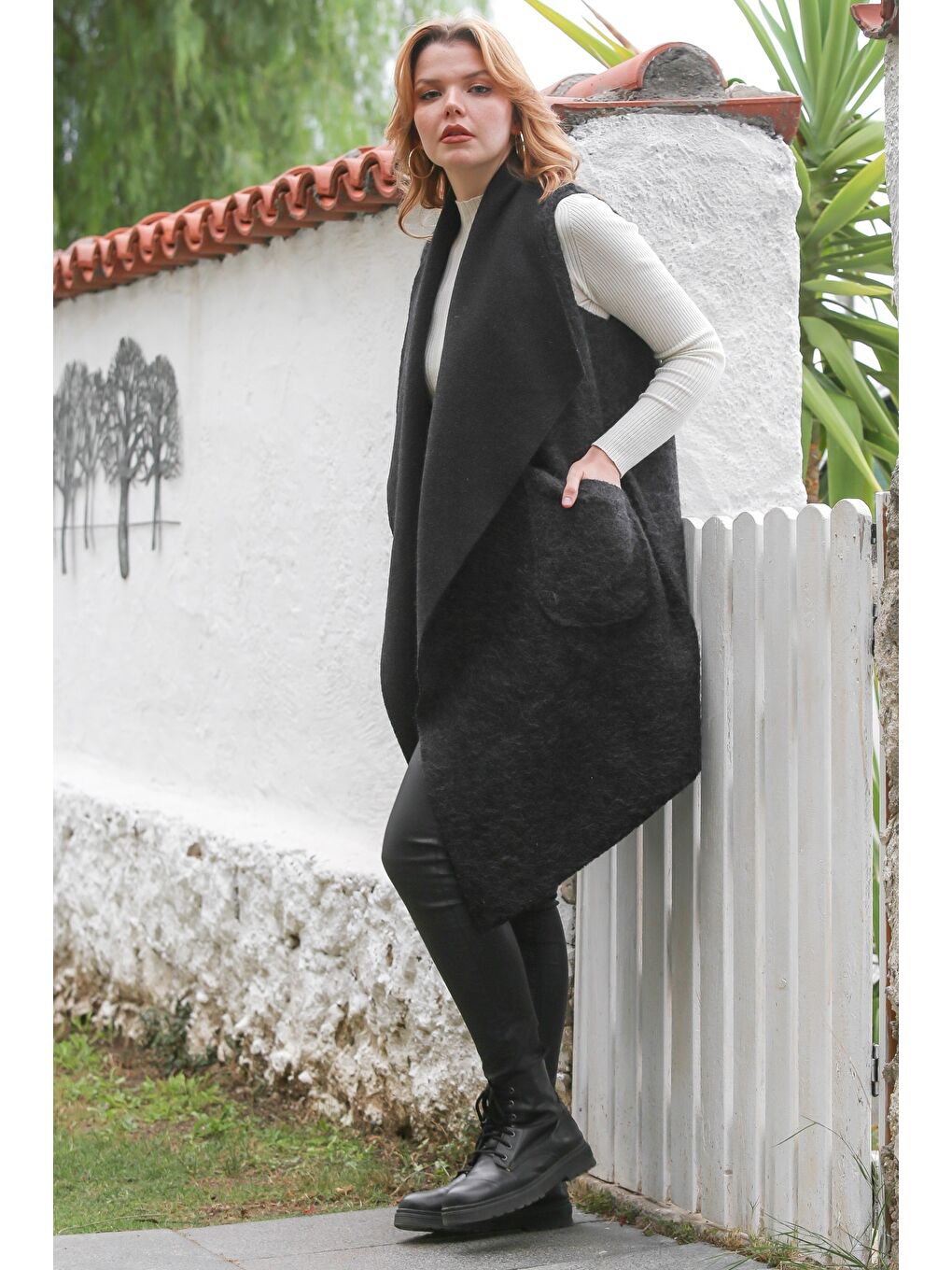 İtalyan Siyah Şal Yaka Kolsuz Cepli Casual Buklet Dokuma Yelek 90 65