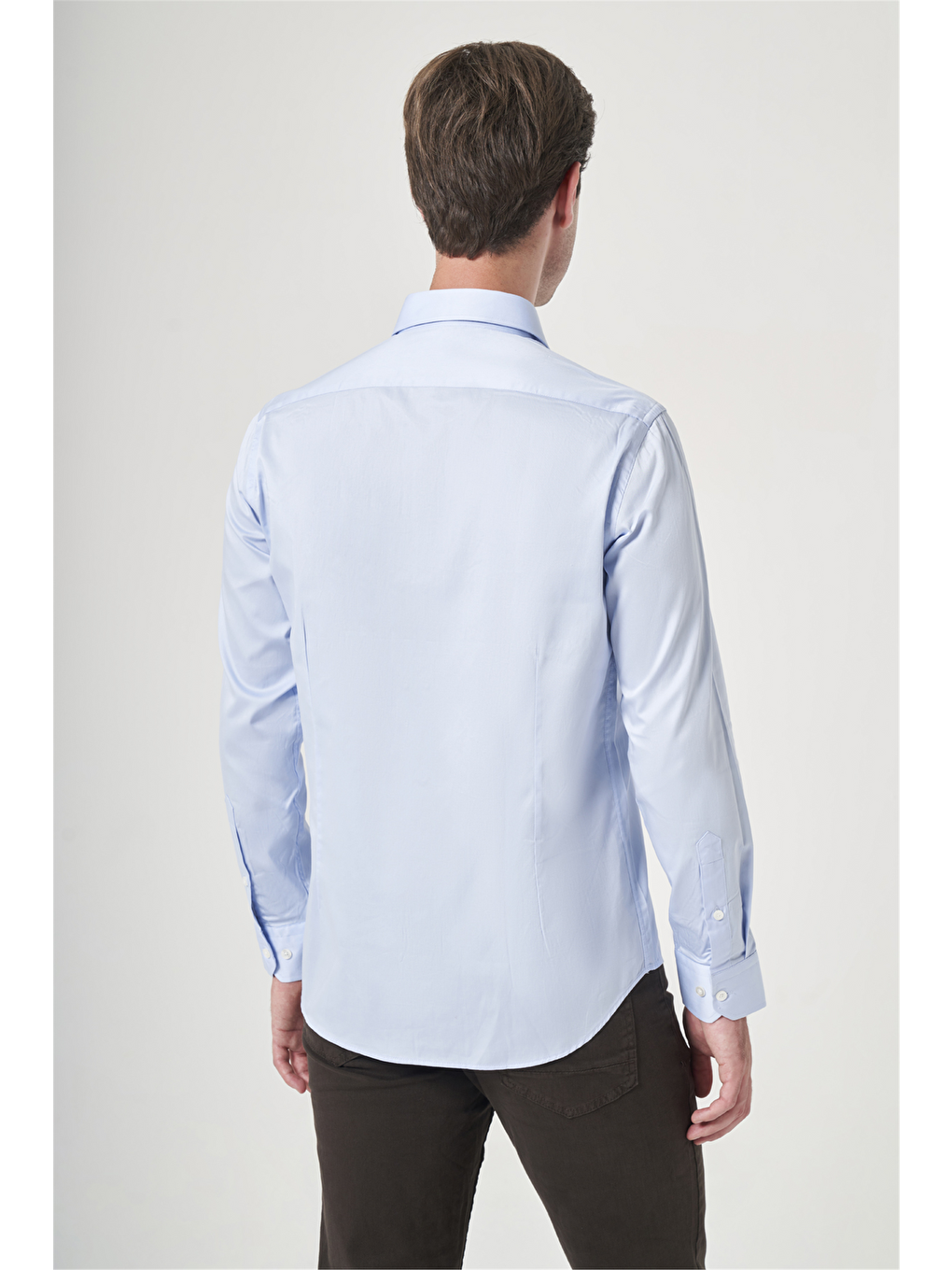 Mavi Sert Yaka Uzun Kol Cepsiz Saten Slim Fit %100 Pamuk Gömlek 1004260424-4