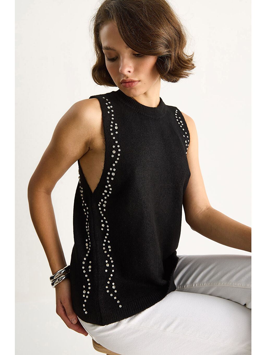 Siyah Kadın Taş İşlemeli Triko Bluz TA-1