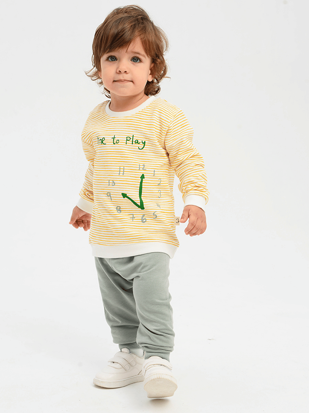 Sarı Bisiklet Yaka Baskılı Erkek Bebek Sweatshirt ve Eşofman Alt 2'li