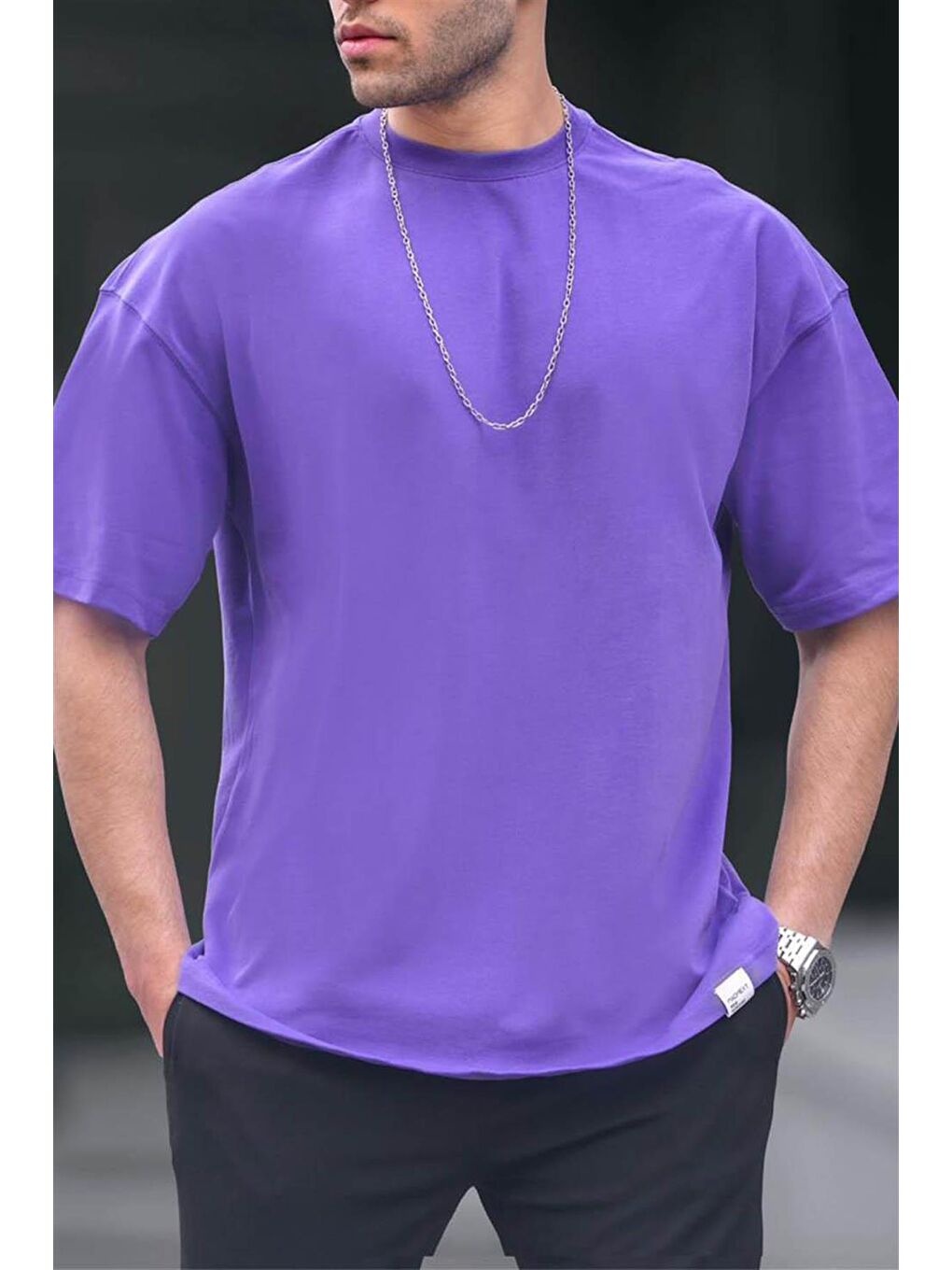 Erkek Mor Oversize Fit Basic %100 Pamuk Tişört 6066-2