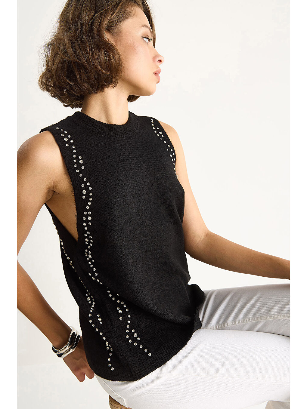 Siyah Kadın Taş İşlemeli Triko Bluz TA-2