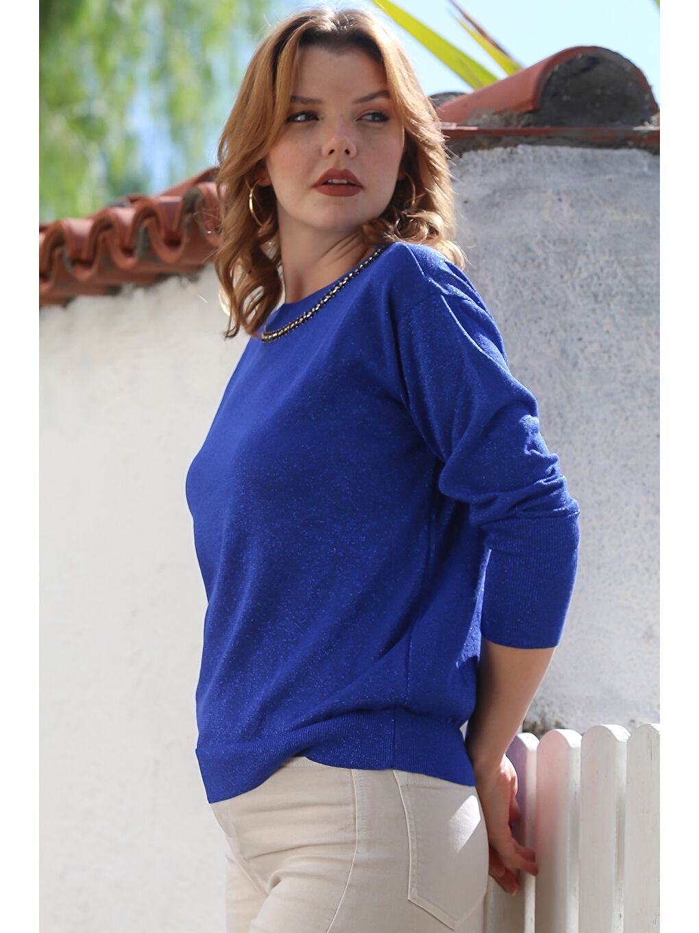 Mavi Yuvarlak Yaka Uzun Kol İnce Taşlı Simli Triko Kazak 65 62-6