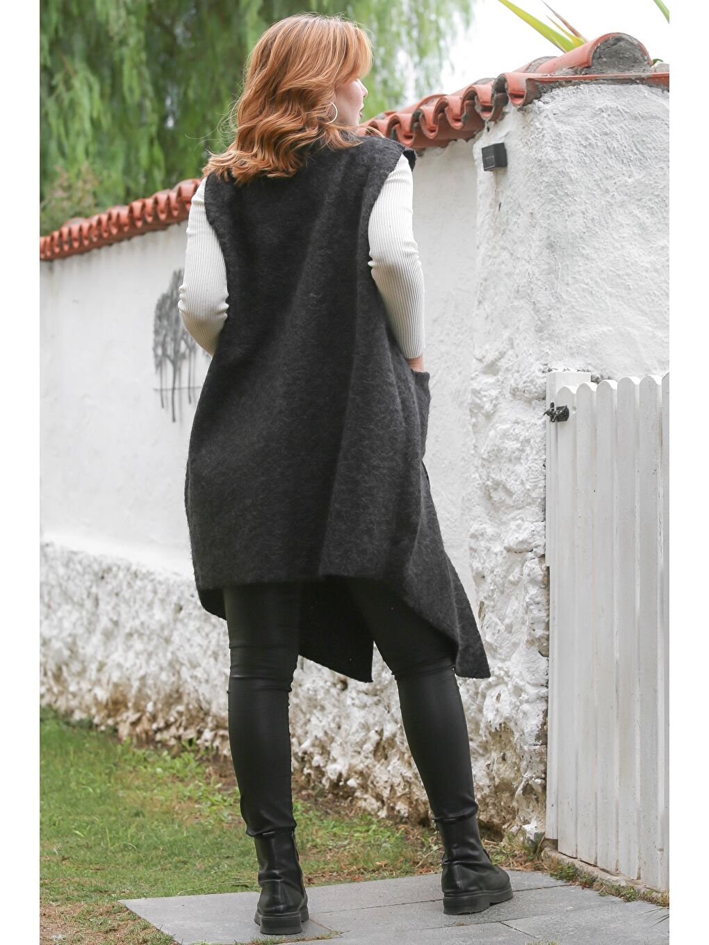 İtalyan Siyah Şal Yaka Kolsuz Cepli Casual Buklet Dokuma Yelek 90 65-1