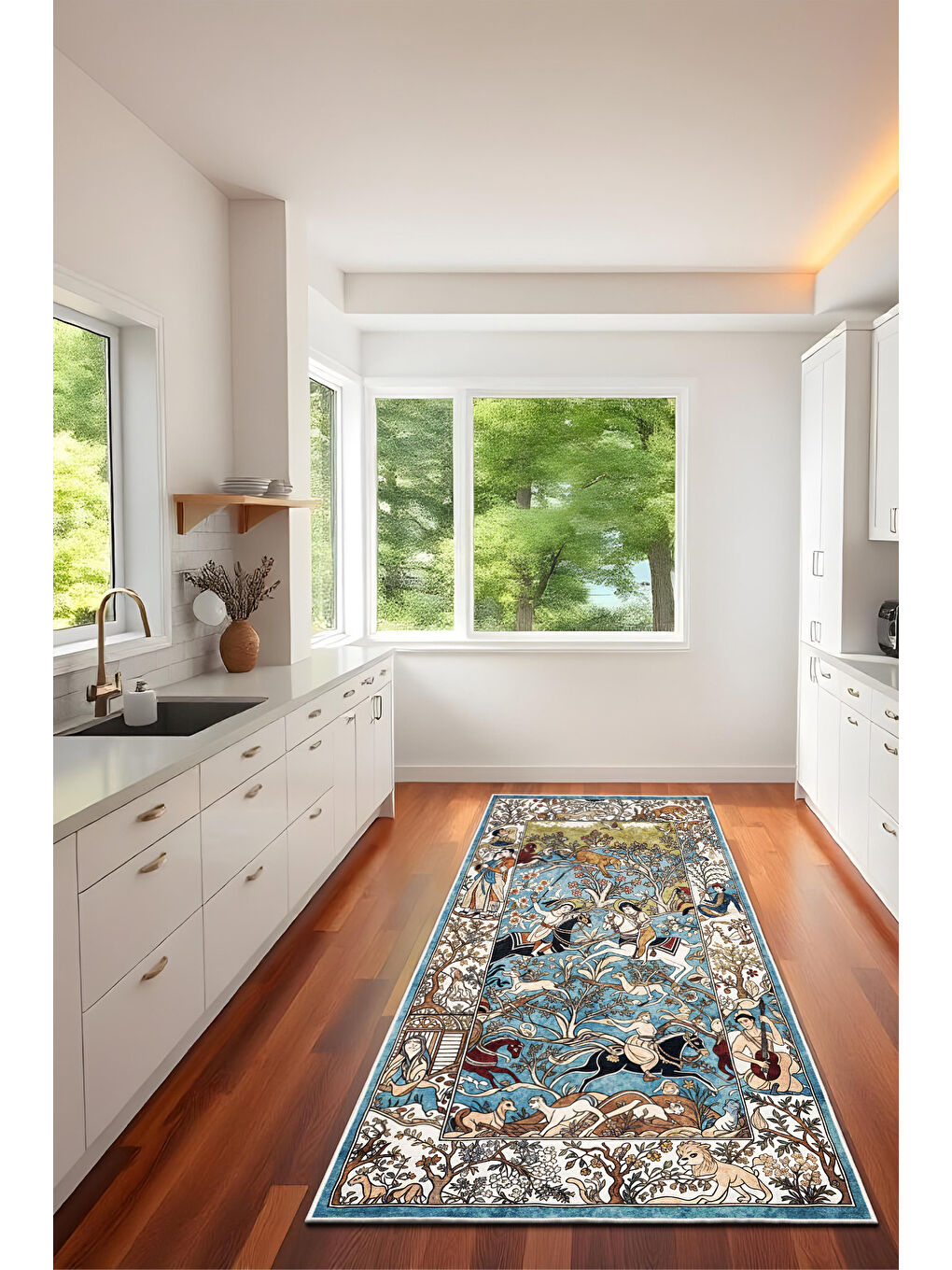 Mavi Dekoratif Özel Tasarım Yıkanabilir İnce Kaymaz Tabanlı Modern Halı KECE FR05-4