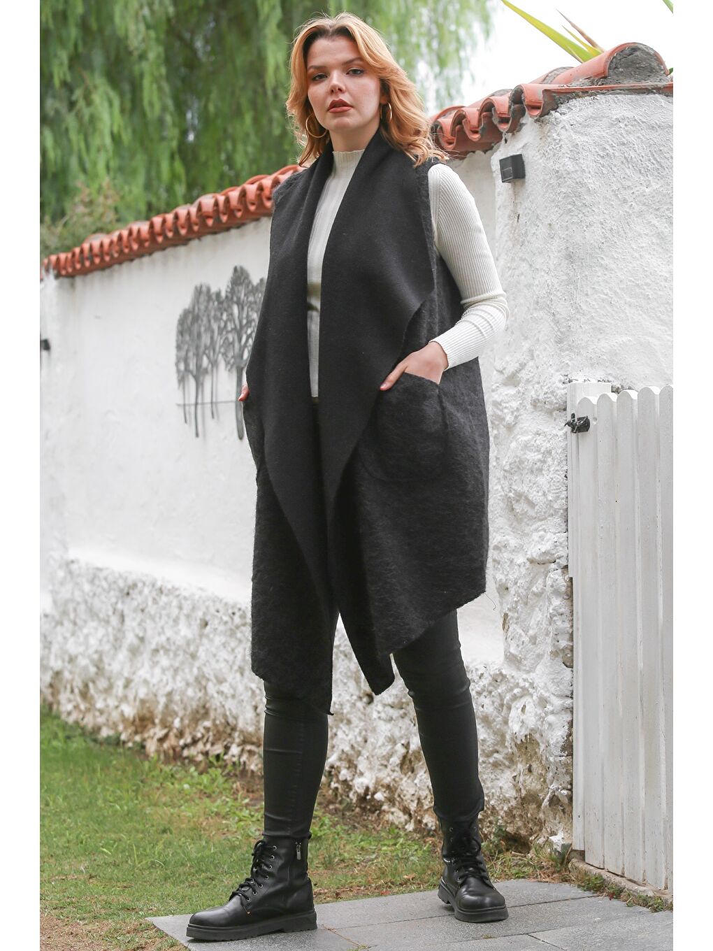 İtalyan Siyah Şal Yaka Kolsuz Cepli Casual Buklet Dokuma Yelek 90 65-3