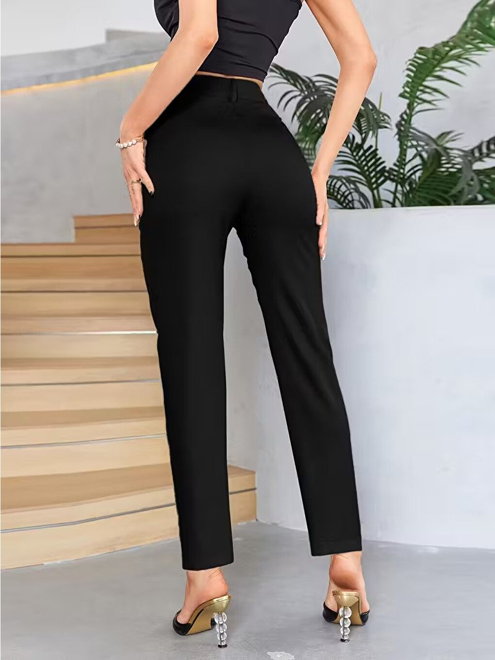 Bordo Renk Yüksek Bel Maskülen Kesim Kumaş Pantolon-8