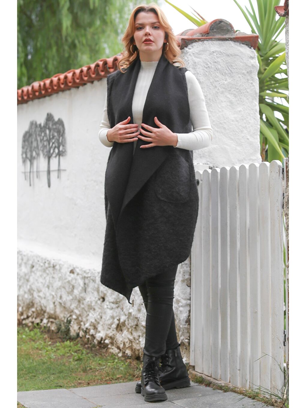 İtalyan Siyah Şal Yaka Kolsuz Cepli Casual Buklet Dokuma Yelek 90 65-4