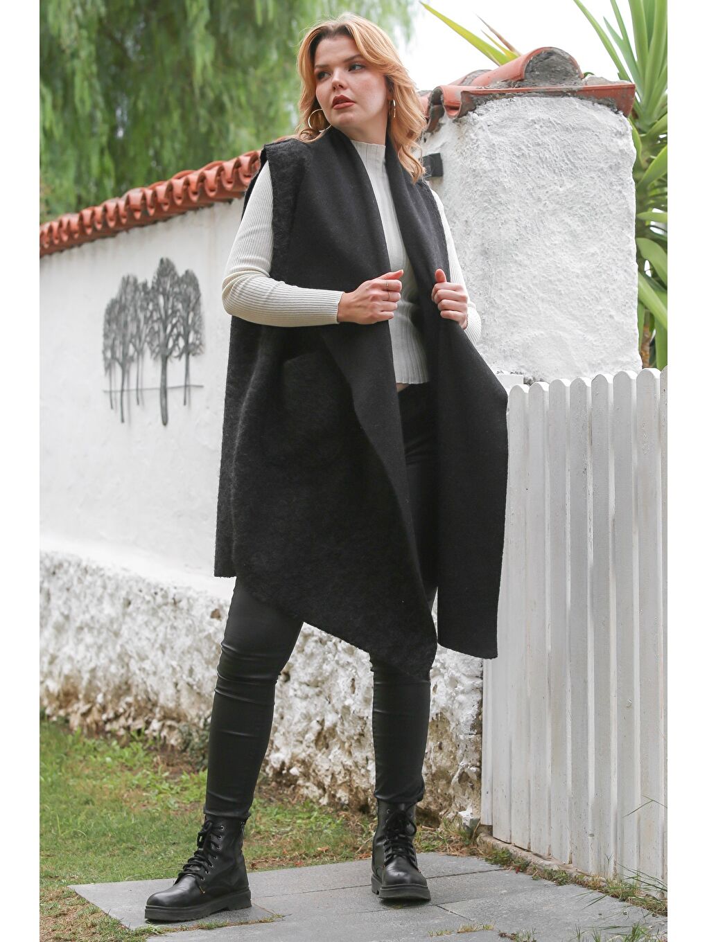 İtalyan Siyah Şal Yaka Kolsuz Cepli Casual Buklet Dokuma Yelek 90 65-5