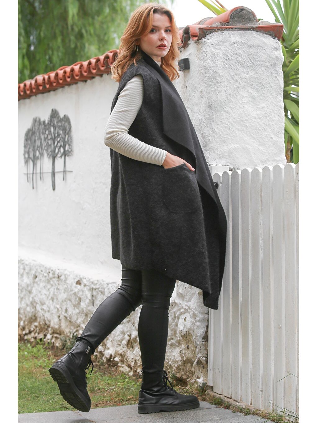 İtalyan Siyah Şal Yaka Kolsuz Cepli Casual Buklet Dokuma Yelek 90 65-6