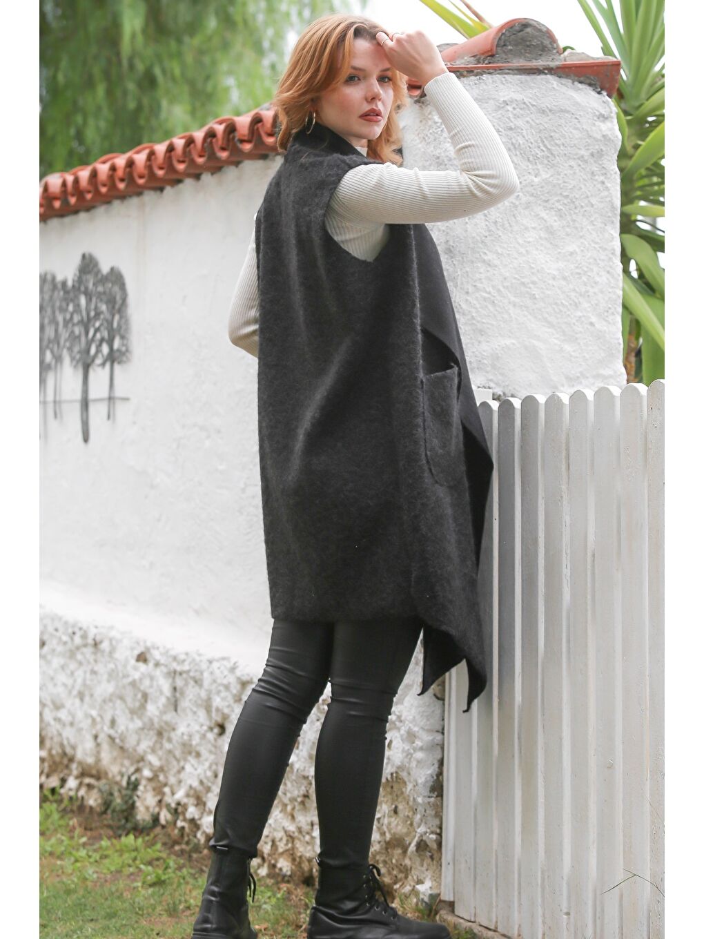 İtalyan Siyah Şal Yaka Kolsuz Cepli Casual Buklet Dokuma Yelek 90 65-7