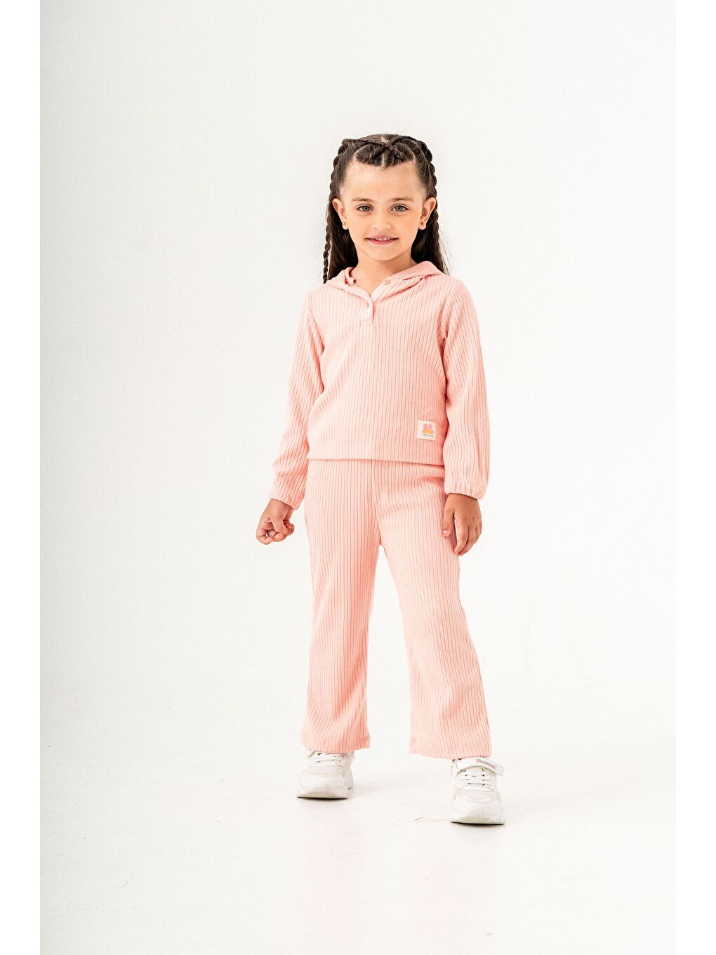 Pembe Kız Çocuk Pamuklu  Kapüşonlu Ribana Sweat Ve Tayt Takım
