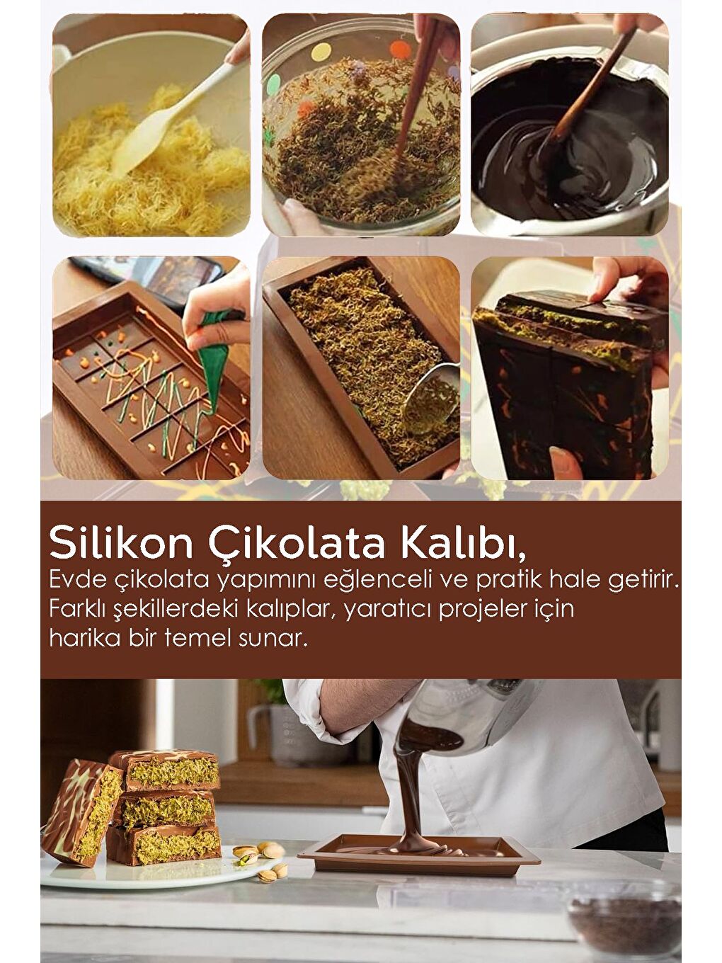 Kahverengi 3 Adet Dubai Çikolatası Kalıbı Büyük Tablet Çikolata Kalıbı Silikon Kalıp-3