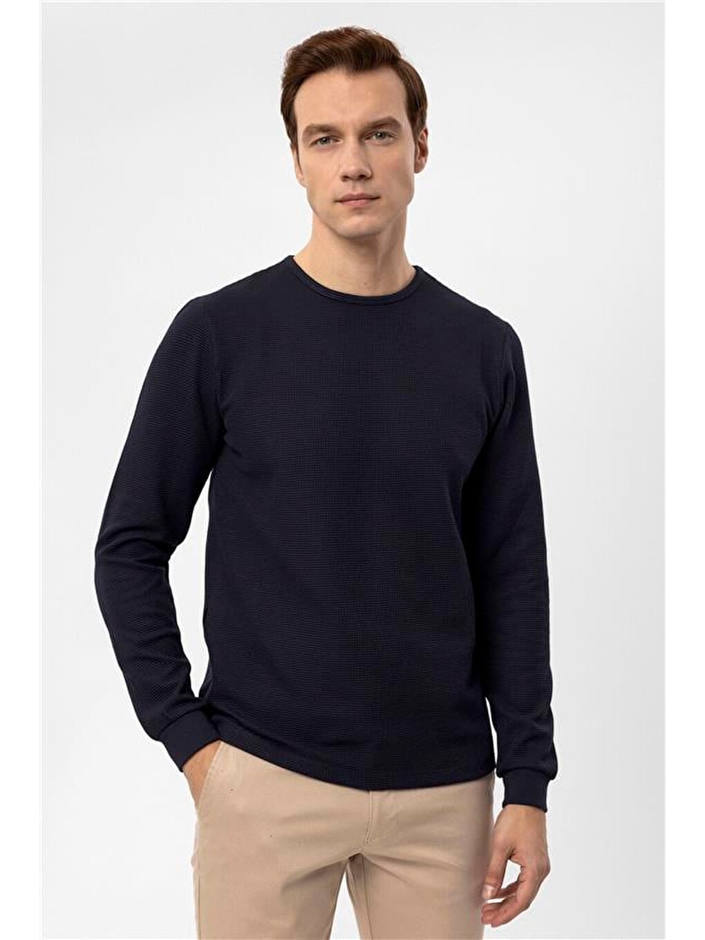 Lacivert Slim Armürlü Bisiklet Yaka Sweatshirt