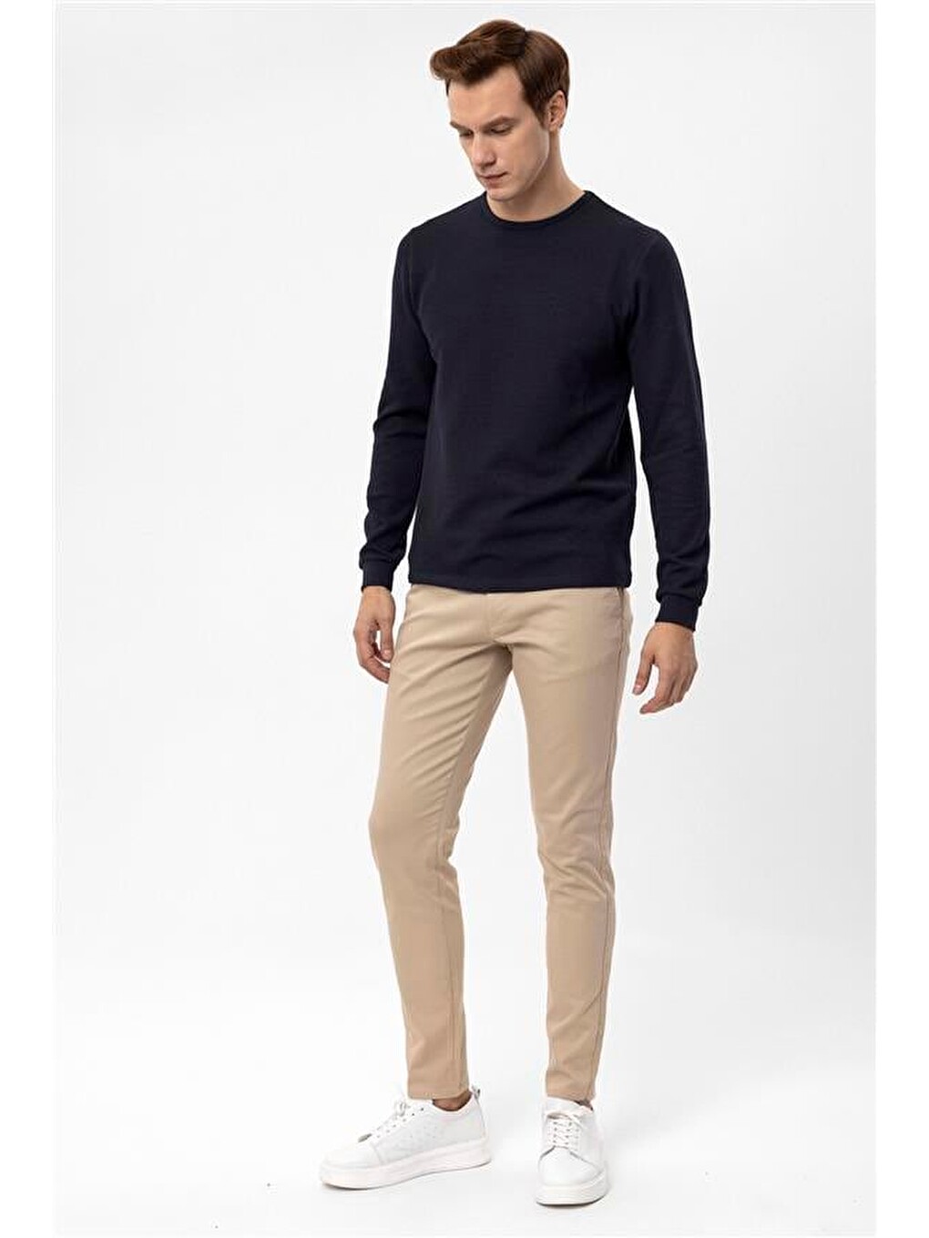 Lacivert Slim Armürlü Bisiklet Yaka Sweatshirt-1