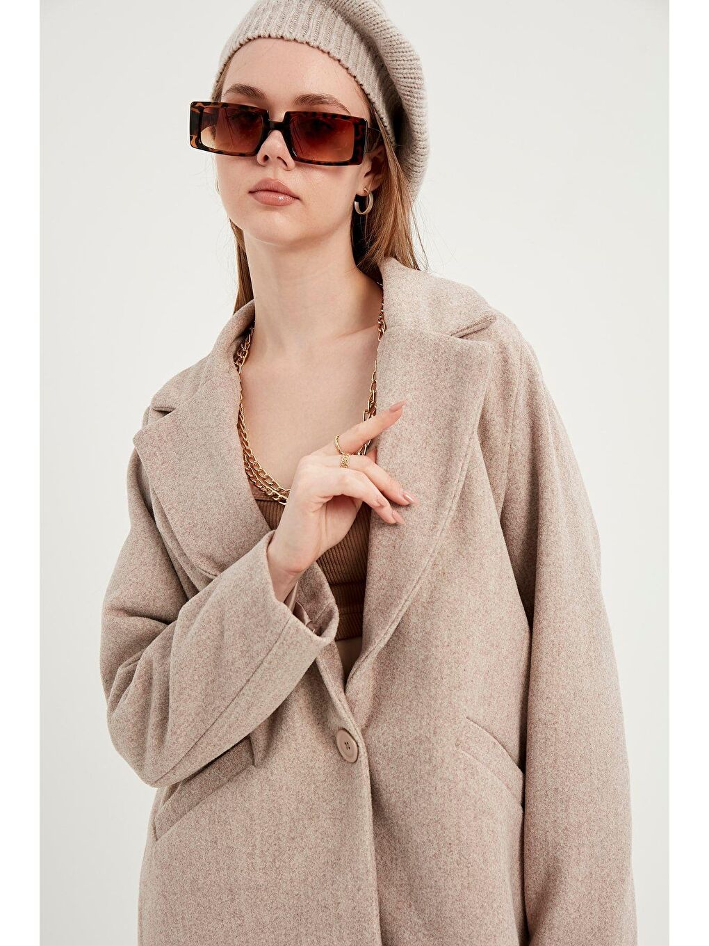 Bej Kadın Koyu Krem Kaşe Kaban-1