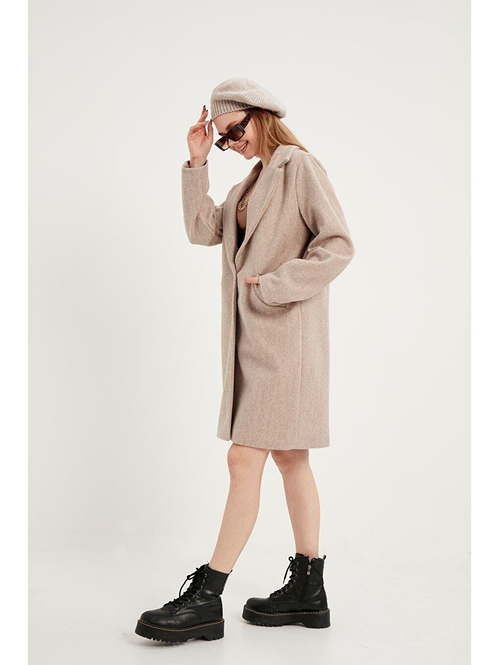 Bej Kadın Koyu Krem Kaşe Kaban-2