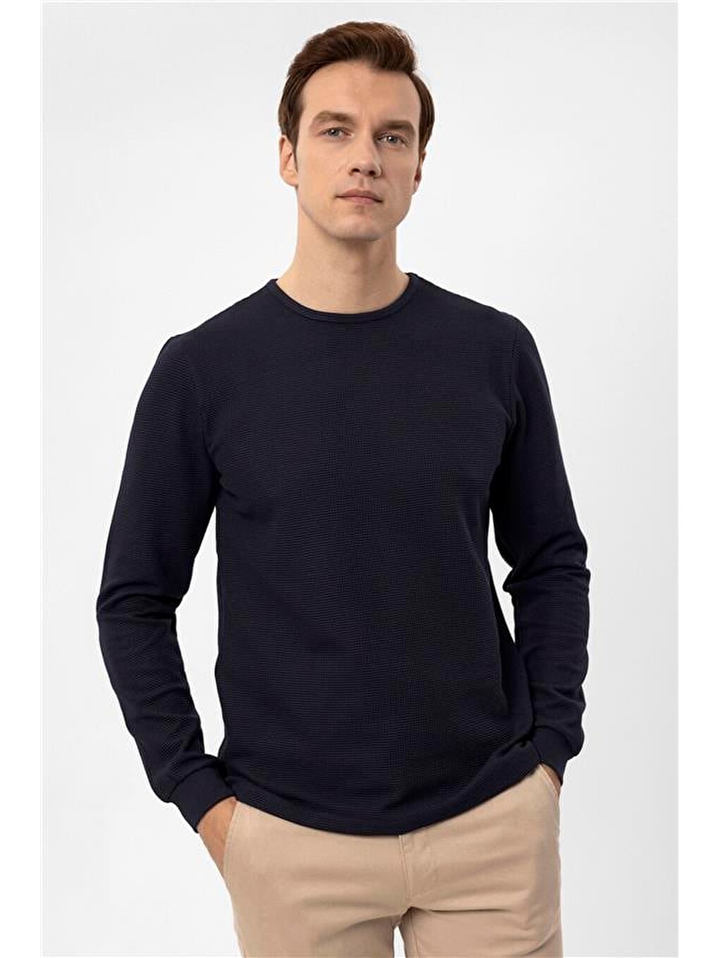 Lacivert Slim Armürlü Bisiklet Yaka Sweatshirt-2