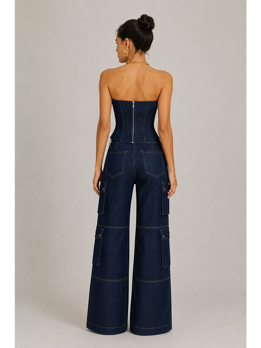 Kadın Lacivert Yüksek Bel Geniş Paça Kargo Cepli Jean Pantolon-2