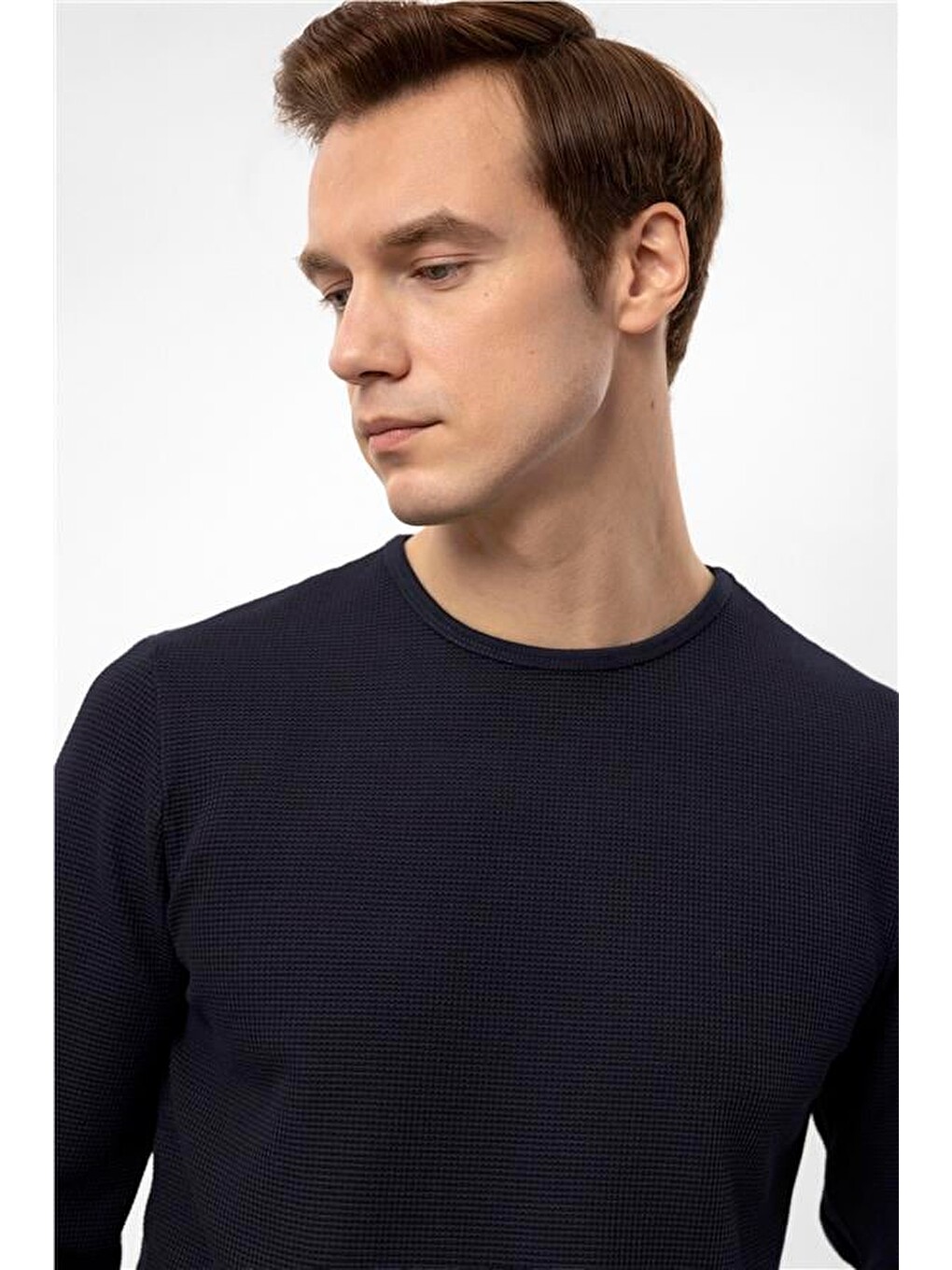 Lacivert Slim Armürlü Bisiklet Yaka Sweatshirt-3