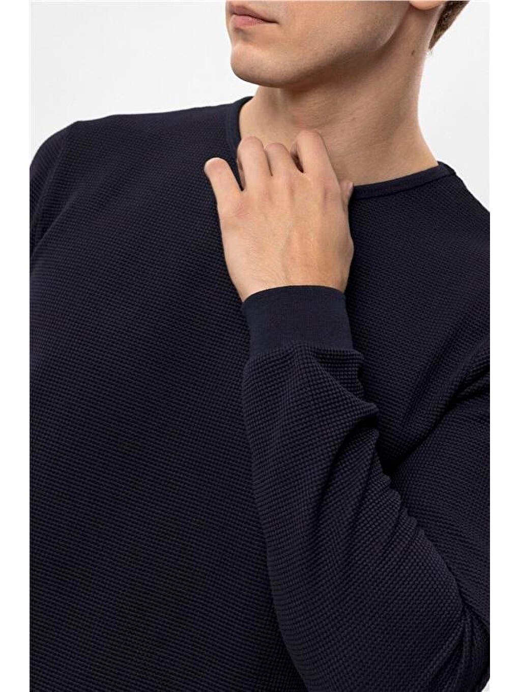 Lacivert Slim Armürlü Bisiklet Yaka Sweatshirt-4