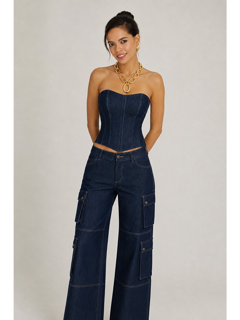 Kadın Lacivert Yüksek Bel Geniş Paça Kargo Cepli Jean Pantolon-4