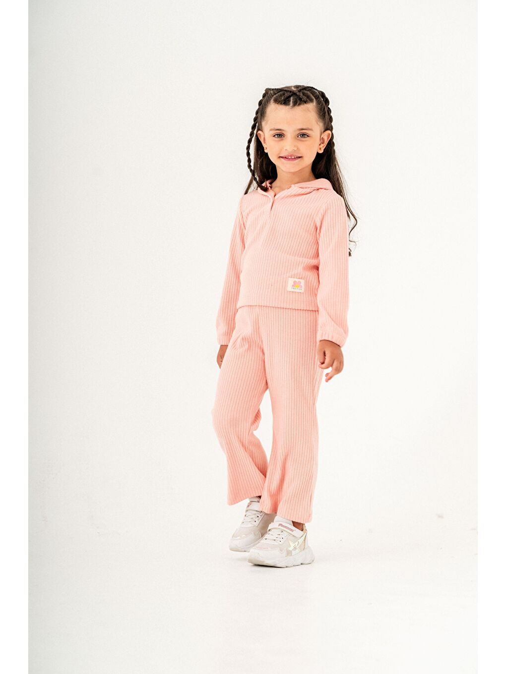 Pembe Kız Çocuk Pamuklu  Kapüşonlu Ribana Sweat Ve Tayt Takım-1