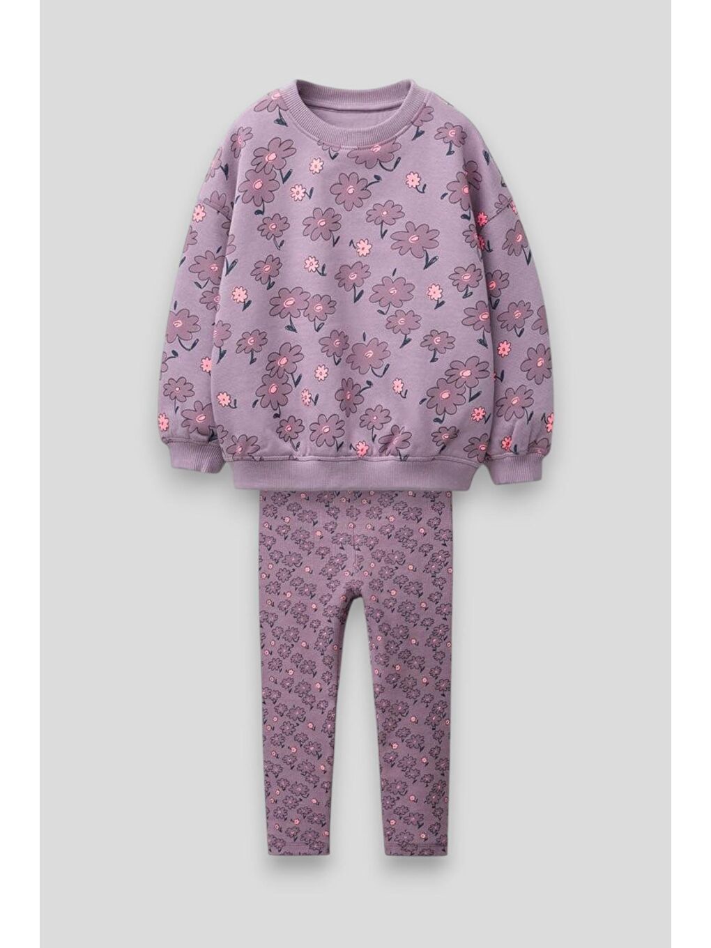 Kız Çocuk Pamuklu Mor Çiçek Desenli Sweatshirt Ve Tayt Takım - Rahat Ve Günlük Kombin