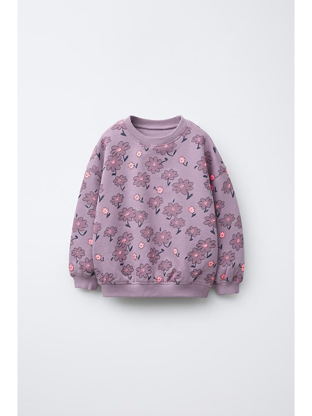 Kız Çocuk Pamuklu Mor Çiçek Desenli Sweatshirt Ve Tayt Takım - Rahat Ve Günlük Kombin-2