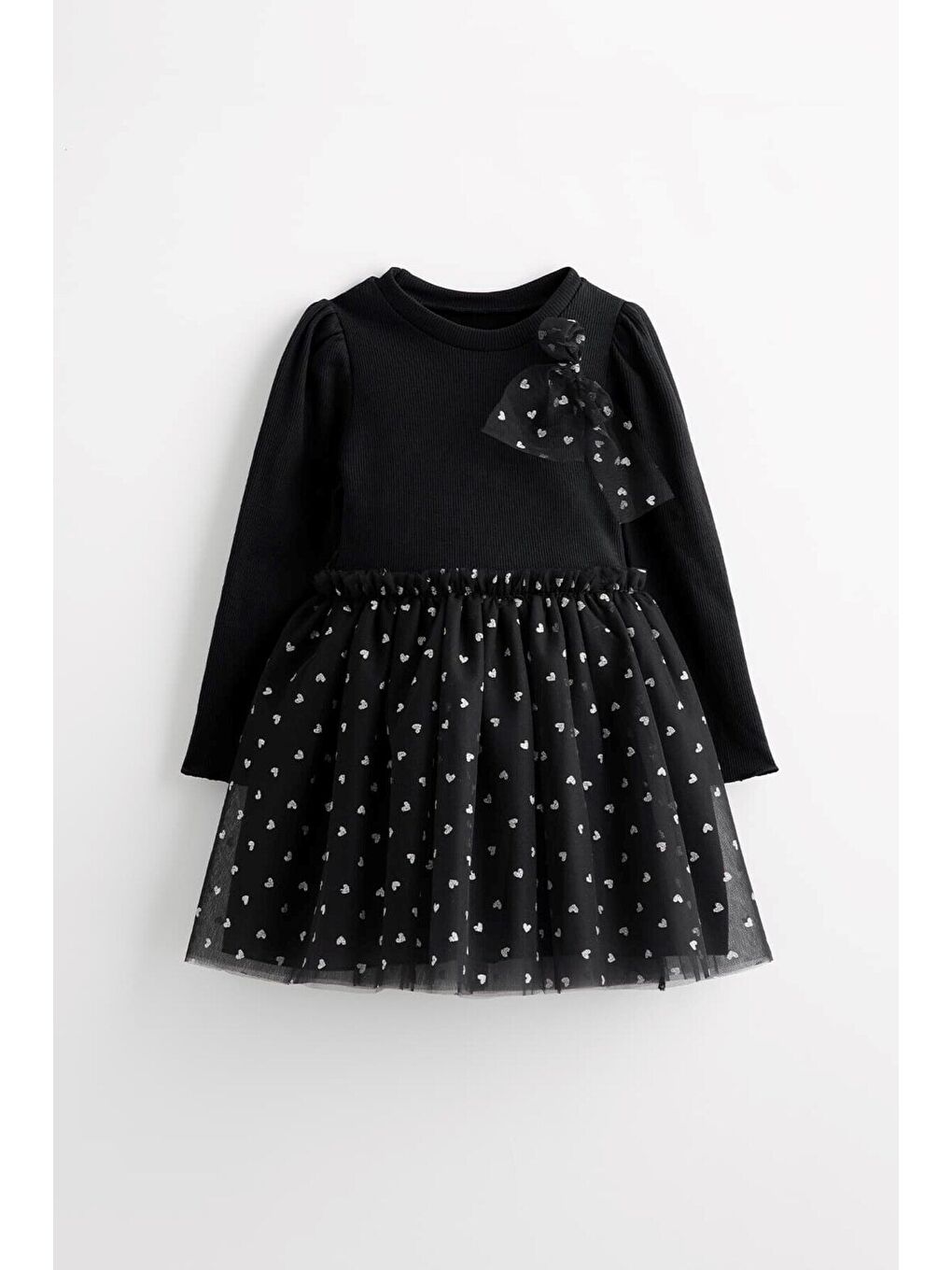 Siyah Lovelyn Simli Kalp Desenli Kız Çocuk Tüllü Elbise