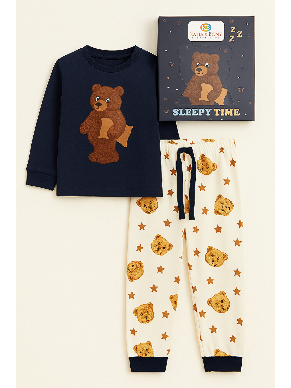 Çocuk Uykucu Teddy Desenli Kutulu Pijama Takımı Lacivert