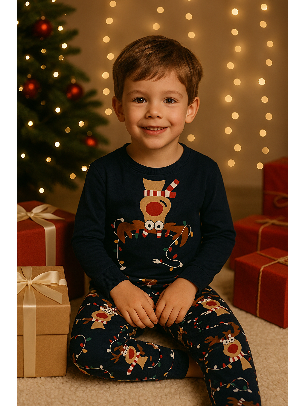 Çocuk Geyik Desenli Kutulu Yılbaşı Pijama Takımı Lacivert-1