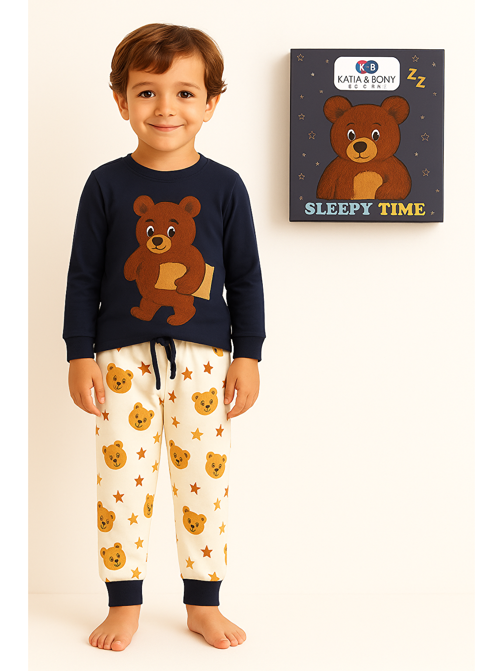 Çocuk Uykucu Teddy Desenli Kutulu Pijama Takımı Lacivert-1