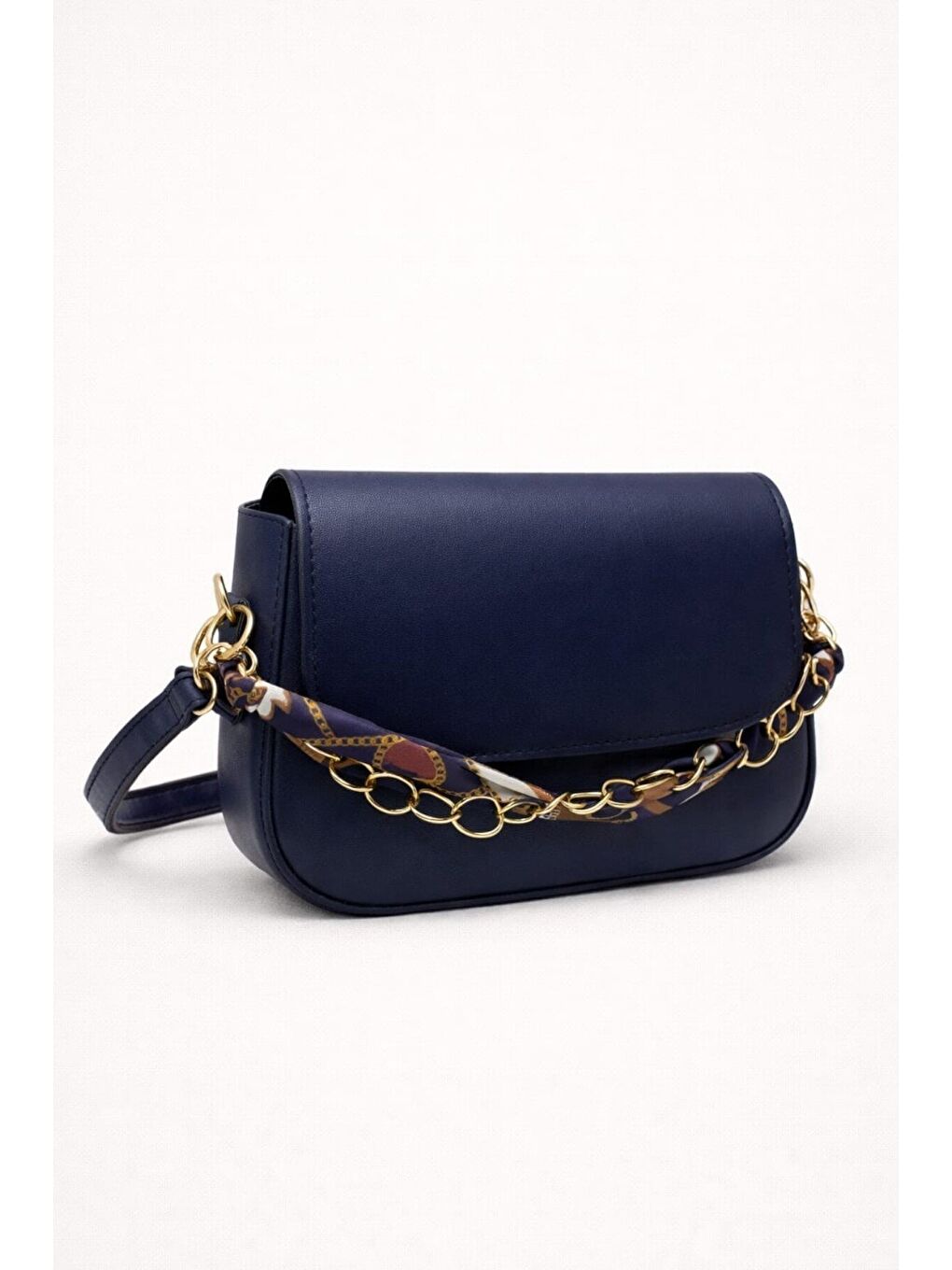 Lacivert Kadın Zincir Detaylı Fular Aksesuarlı Omuz & Çapraz Çanta 12646-1
