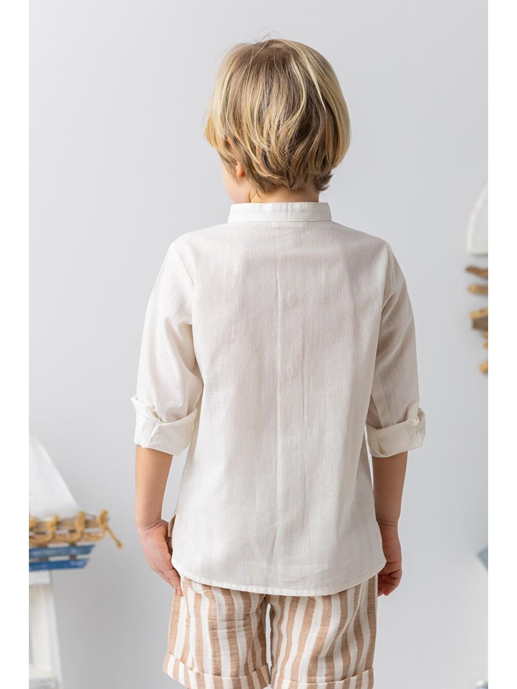 Erkek Çocuk Hakim Yaka Uzun Kollu Gömlek - Ekru-1