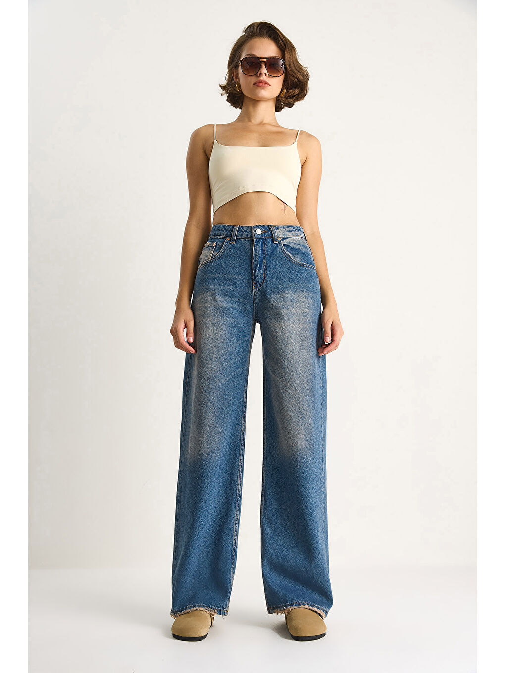 Mavi Kadın Yüksek Bel Soluk Efektli Bol Kesim Denim Pantolon-1