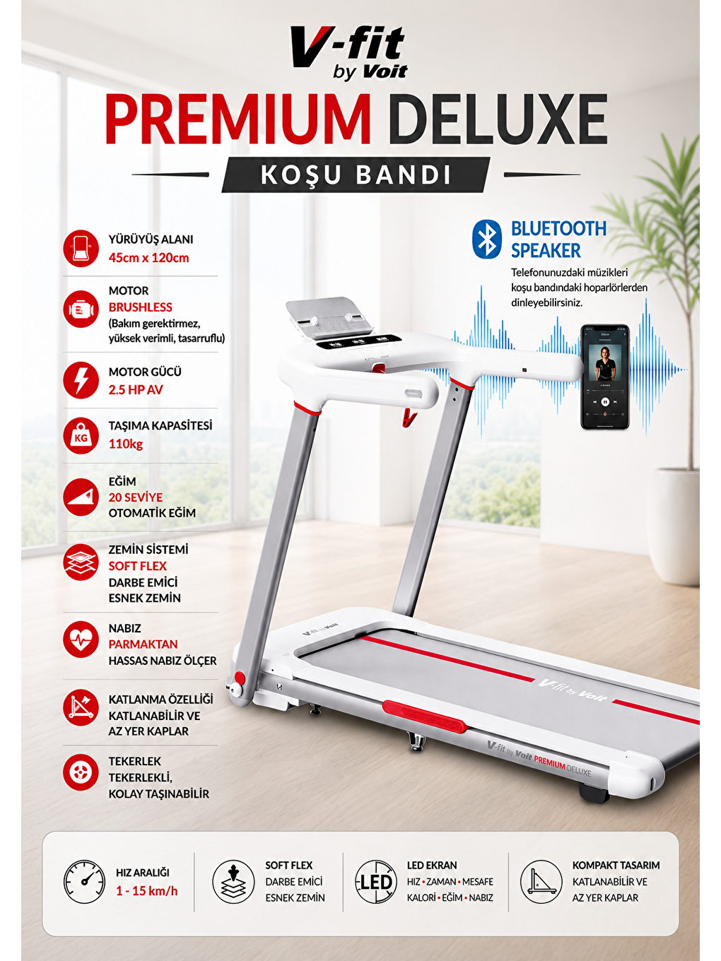 Beyaz Vfit By Premium Delux Koşu Bandı, 20 Kademe Eğim, Brushless, Katlanabilir, 15 Km/s, Bluetooth