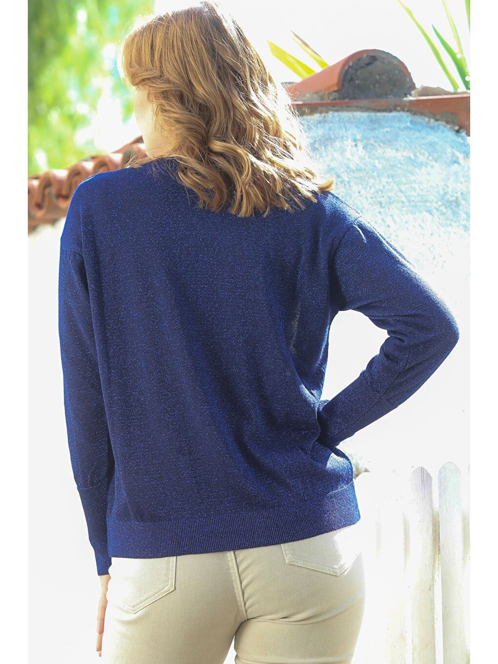 Lacivert Yuvarlak Yaka Uzun Kol İnce Simli Triko Kazak 65 62-1