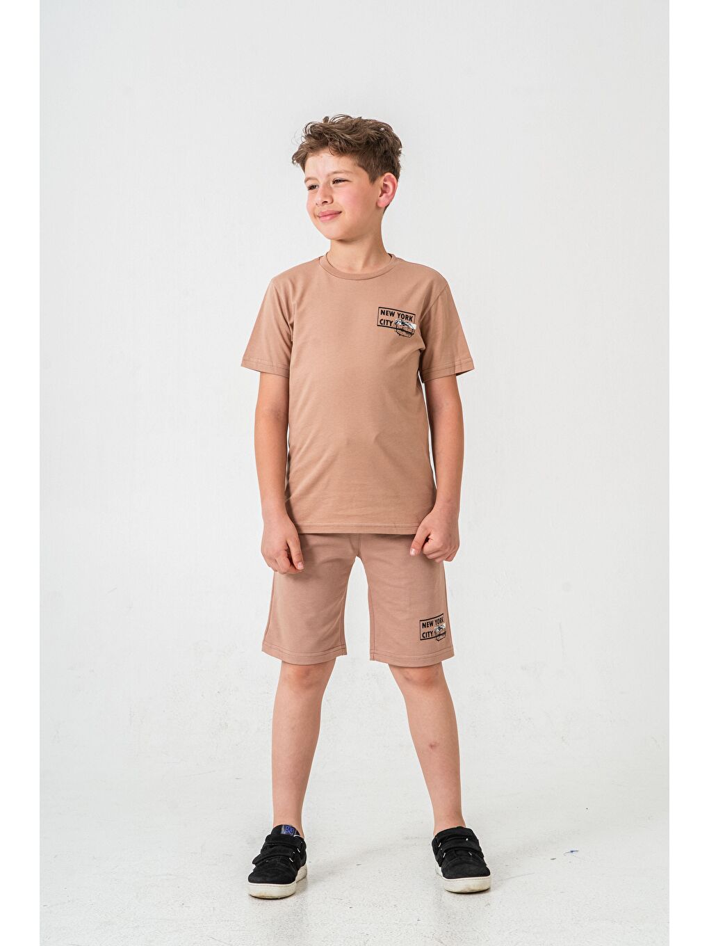 Bej New York City Baskılı  Erkek Çocuk Şort - Tişört Takımı-1